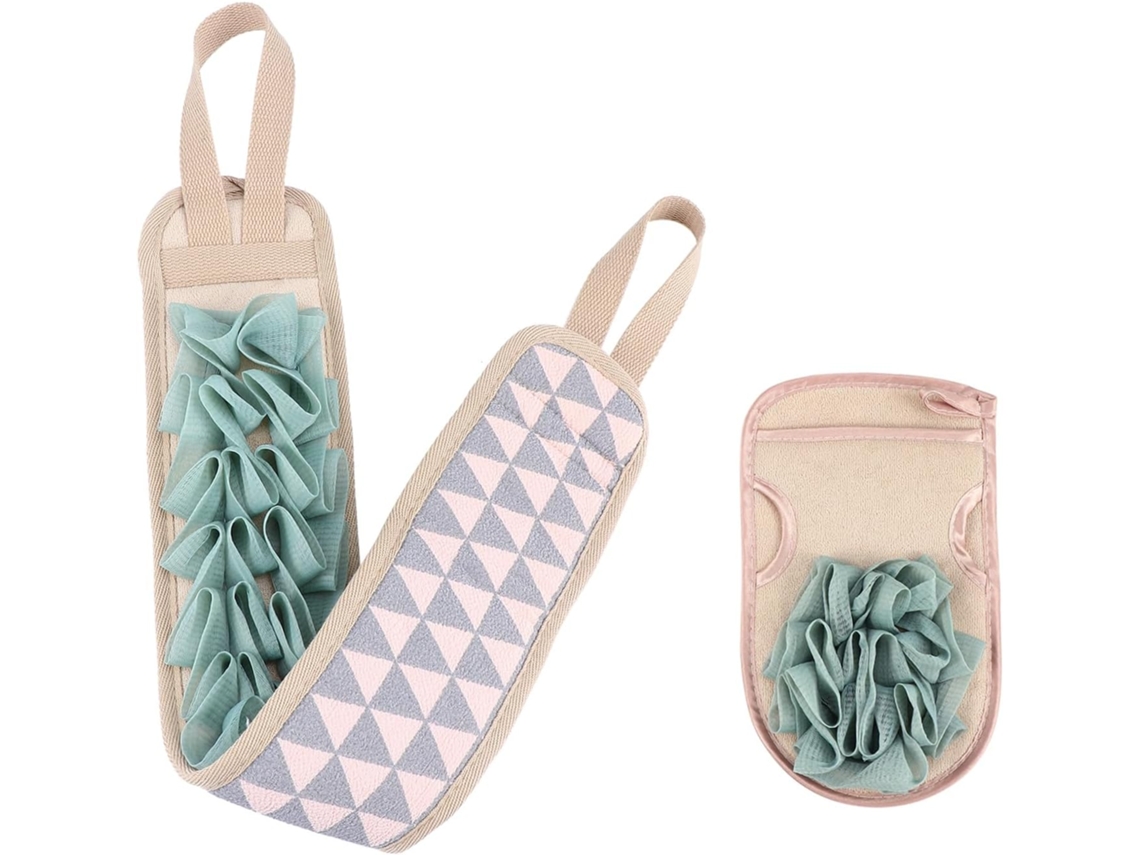 Conjunto de 2 tiras esfoliantes corporais em algodão poliéster azul com escova de massagem sólida.