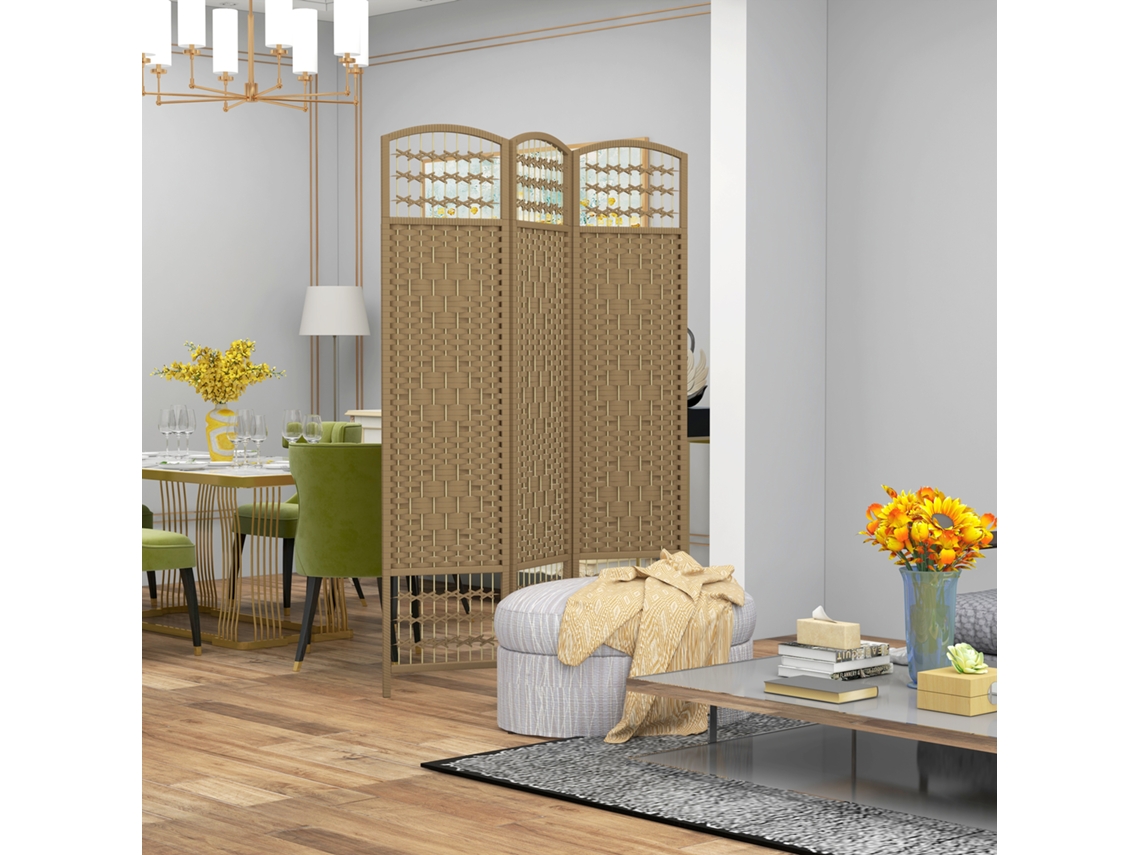 Biombo Dobrável de 3 Painéis com Corda de Papel, 120x170cm, Decoração Natural para Quarto.