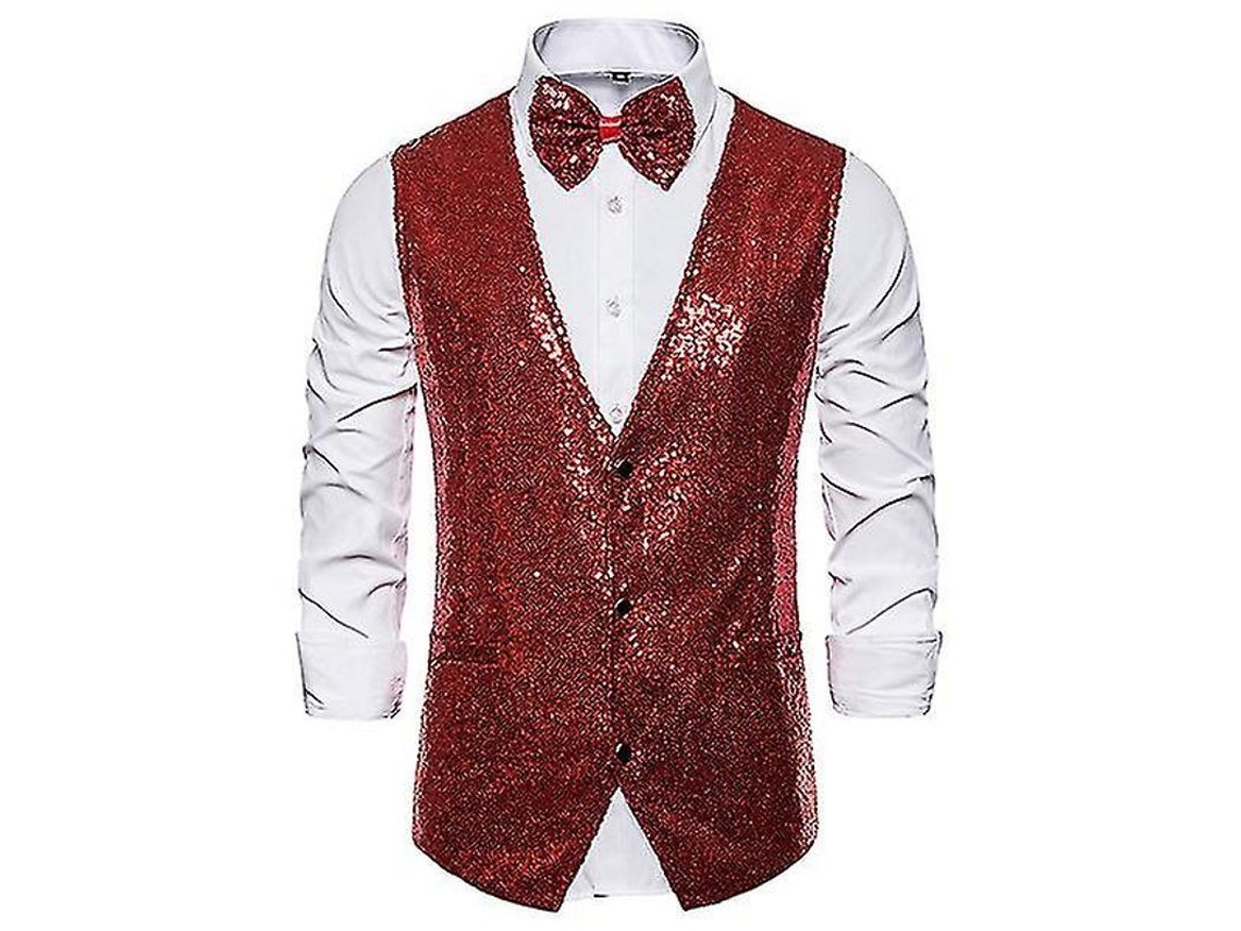 2026 chaleco de Lentejuelas para Hombre Con Corbata de Moño Traje Brillo Cuello V Fiesta Disco