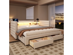 Cama 90x190 Cm Com Usb, Type-c, Gavetas E Led Bege Multifuncional