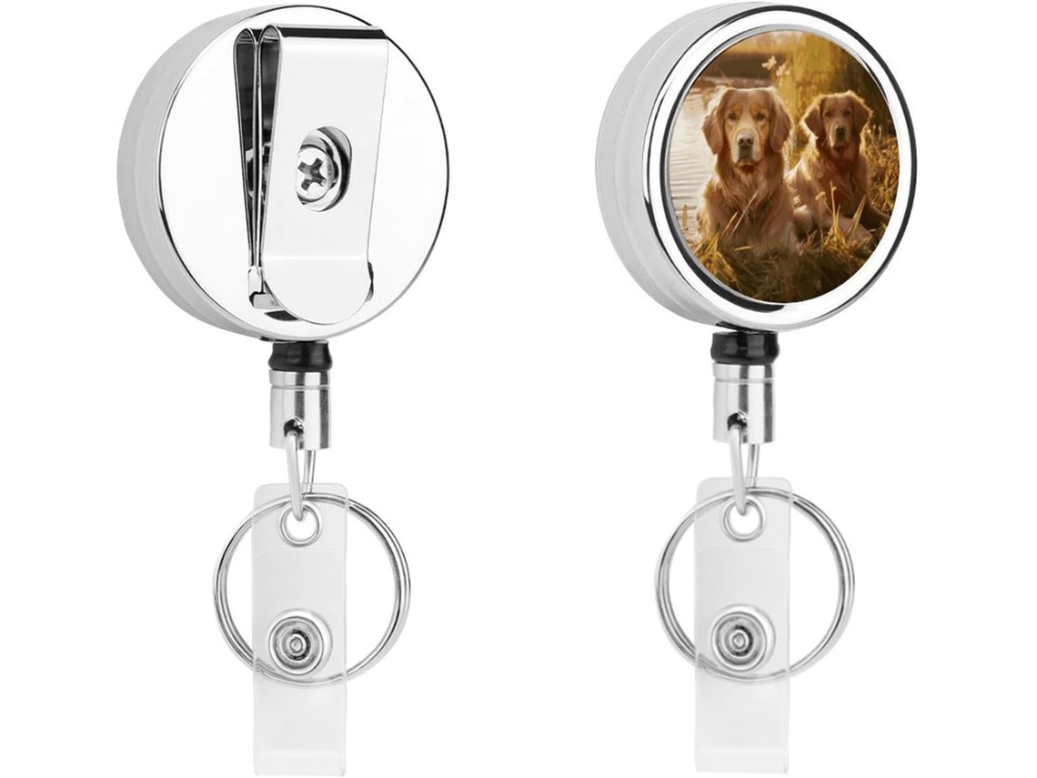 Clipe Crachá com carimbo de duas raças de cães da raça Retriever em dourado, elegante suporte Crachá com carretel retrátil