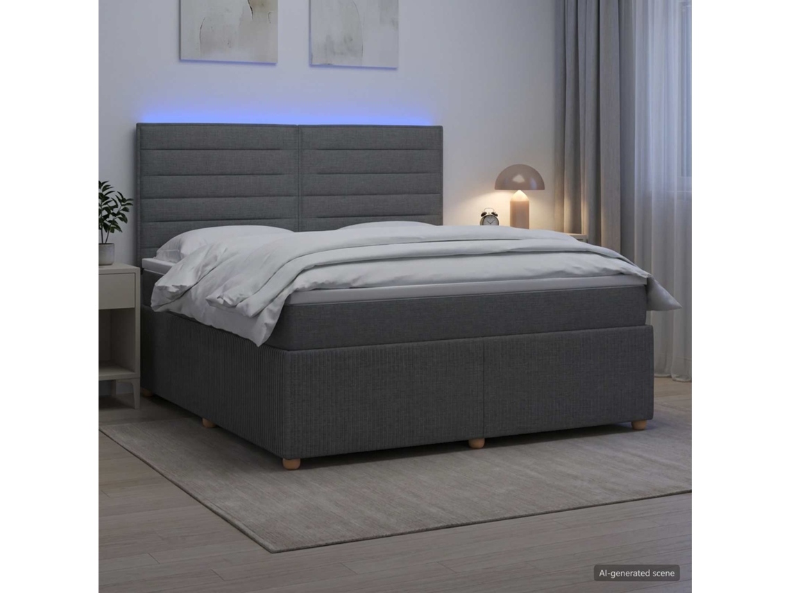 Vidaxl Cama Box Com Led E Colchão Cinzento-escuro 140 X 200 Cm Tecido