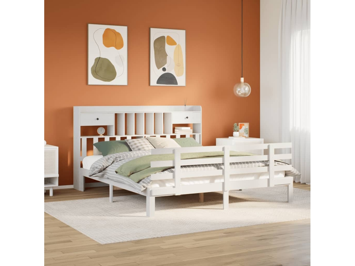 Vidaxl Cama Com Estante Sem Colchão 180x200 Cm Pinho Maciço Branco