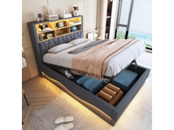 Cama Estofada 140x200 Hidráulico Led App Usb Ripas Metal Linho Cinza