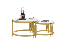 Conjunto De Mesa De Centro Modulado, Imitando Mármore, Estrutura Metálica Dourada, Mesas Redondas Em Dois Tamanhos.