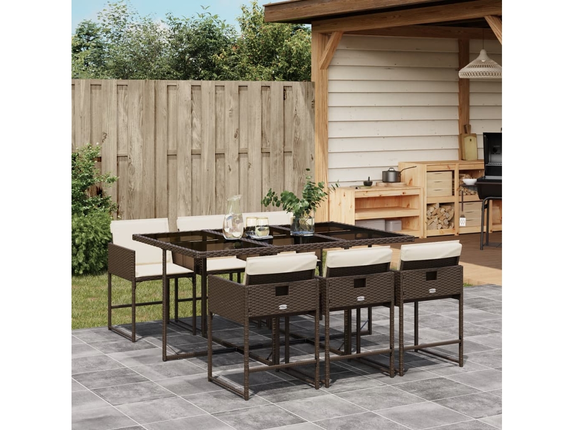 Conjunto 7 Peças Jantar P/ Jardim C/ Almofadões Vime Pe Marrom Dkd Home Decor