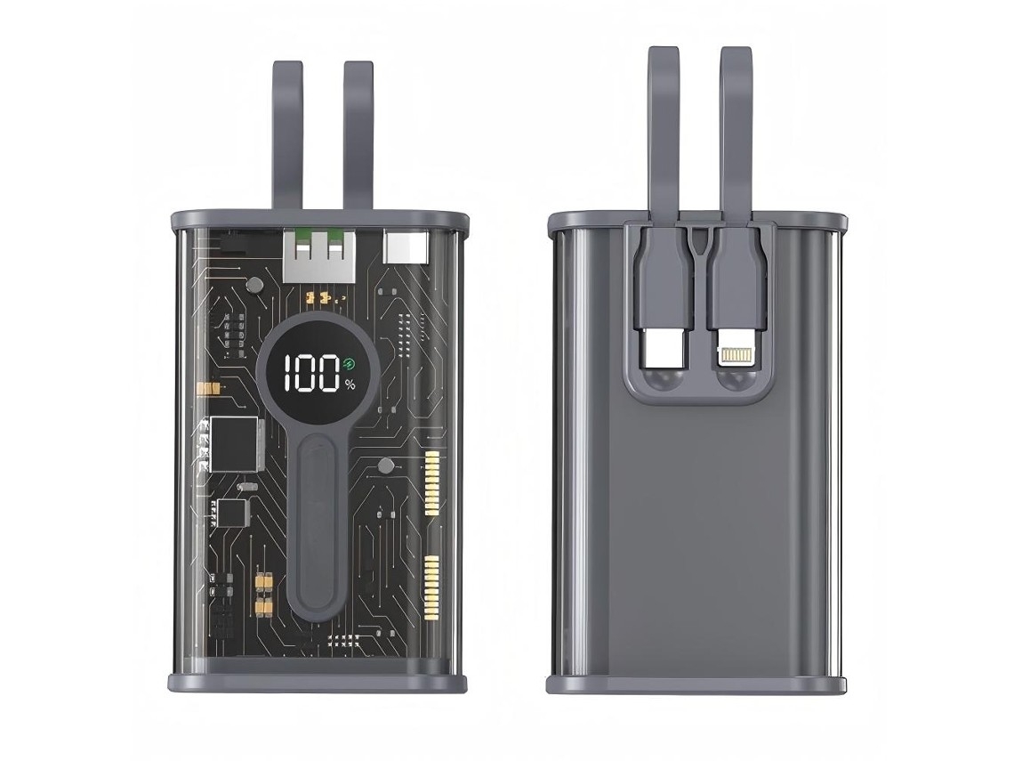 Bateria externa de 12.000 mAh com visor digital e design transparente - PD22,5 W - Compatível com dispositivos com portas Lightning e USB-C - Preta