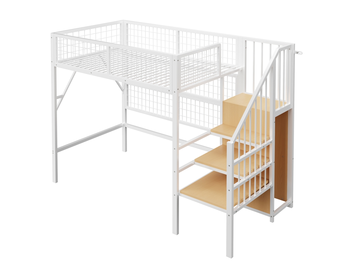 Cama Alta Metal 255x95cm Escada Armazenamento Led Preta