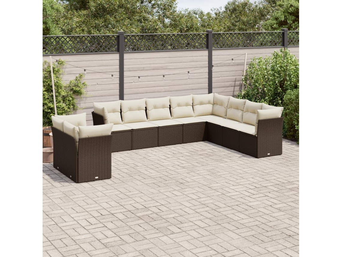 Vidaxl 10 Pcs Conj. Sofás Jardim Com Almofadões Vime Pe Castanho