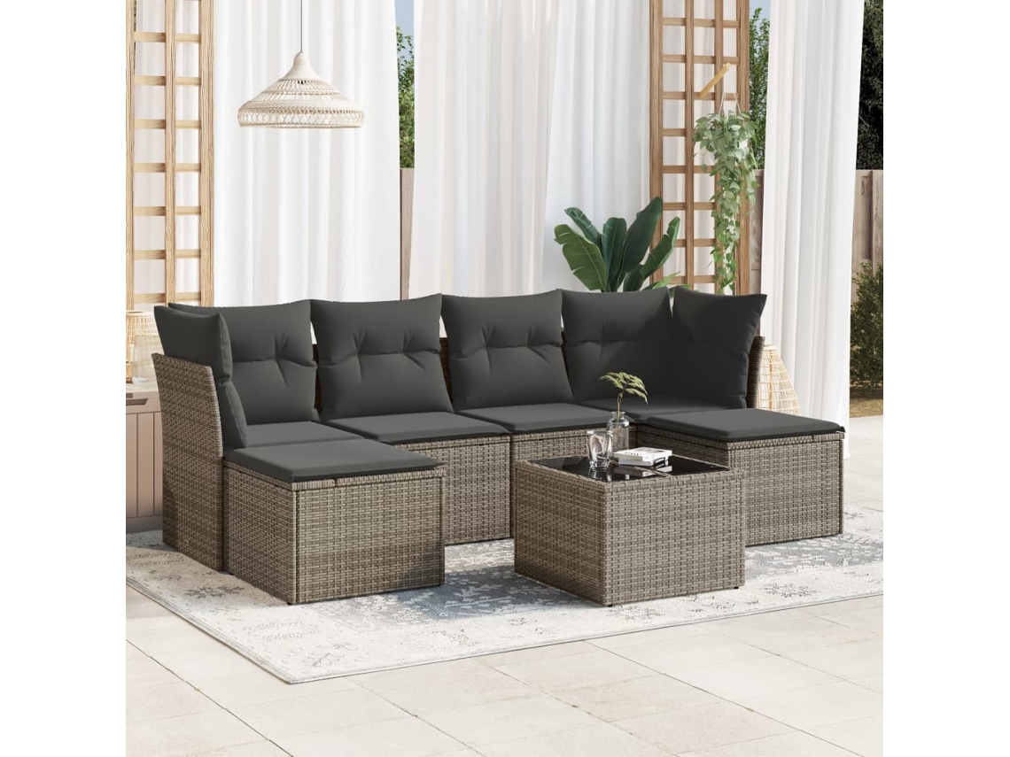 Vidaxl 7 Pcs Conjunto Sofás P/ Jardim C/ Almofadões Vime Pe Cinzento