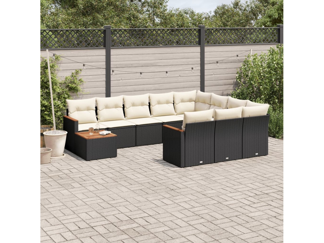 11 Pcs Conjunto Sofás De Jardim C/ Almofadões Vime Pe Preto Dkd Home Decor