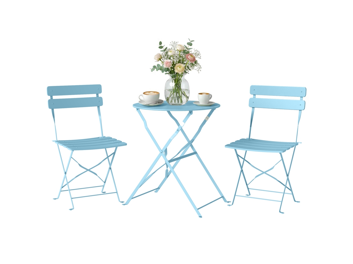 Conjunto de bistrô para jardim com 3 peças: mesa e 2 cadeiras dobráveis com ripas, azul claro ZENCORE SERVICES