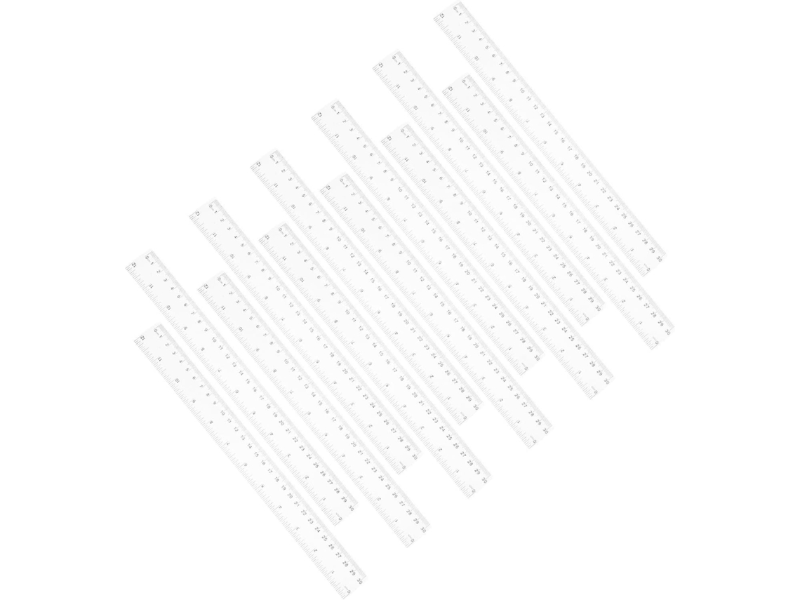 Régua métrica Lurrose com 12 peças em plástico transparente de 30 cm, com marcações em centímetros e polegadas.