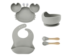Conjunto 5 Peças Louça De Bebé Em Silicone Cinza: Prato Caranguejo, Tigela, Babete E Talheres, Antiaderente, Bpa-free Para Blw