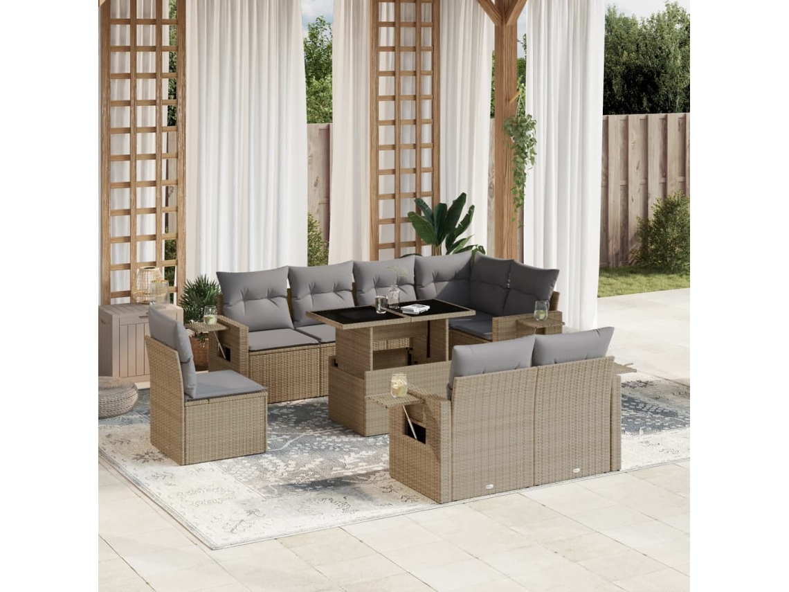 Vidaxl 9 Pcs Conjunto De Sofás P/ Jardim Com Almofadões Vime Pe Bege