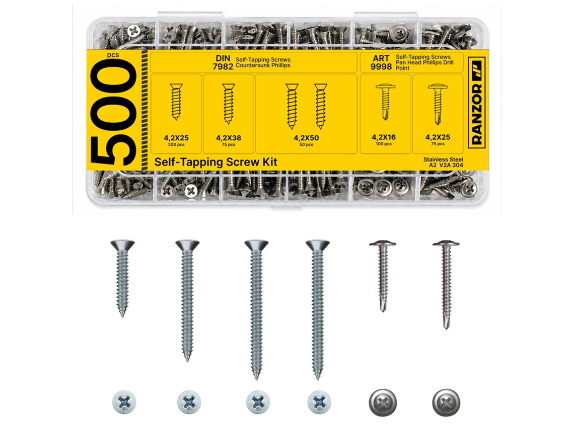 Ranzor 500 Pcs Parafusos Autoroscantes Aço Inox A2 – Cabeça Plana + Lentilha Ponta Broca – Din 7982 / Art 9998 – V2a 304 Inoxidável