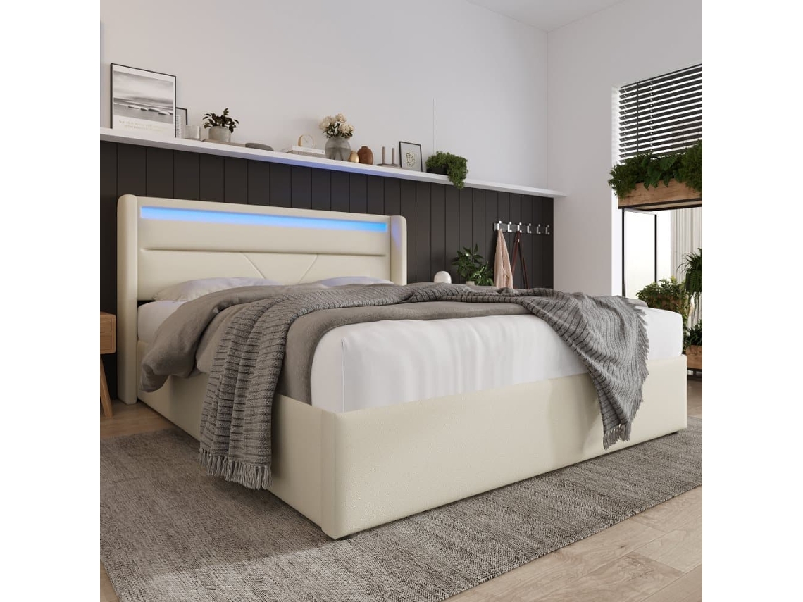 Cama Estofada 140x200 - Cama Funcional Com Iluminação Led E Base Hidráulica - Branco