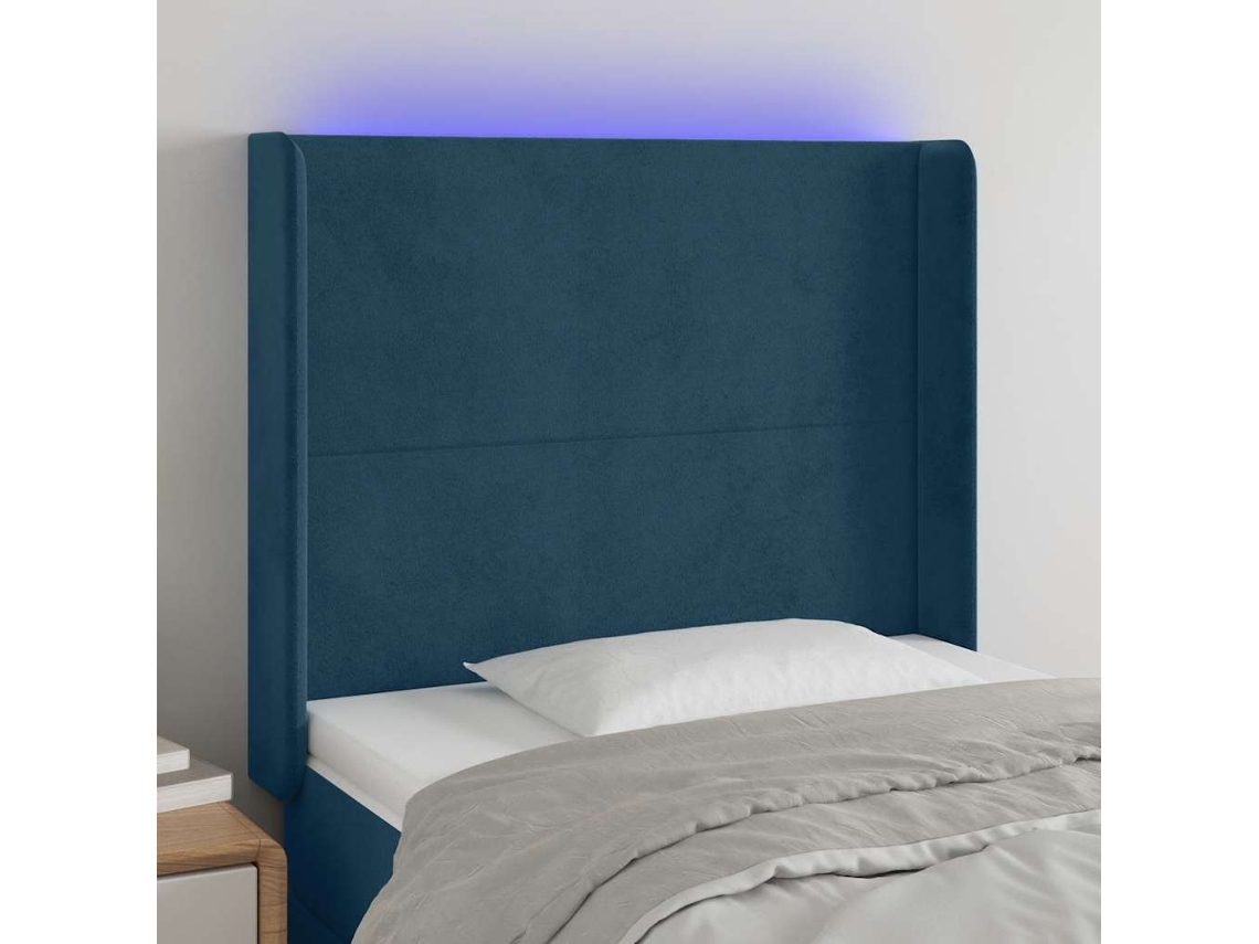 Vidaxl Cabeceira Cama C/ Luzes Led Veludo 103x16x118/128cm Azul-escuro