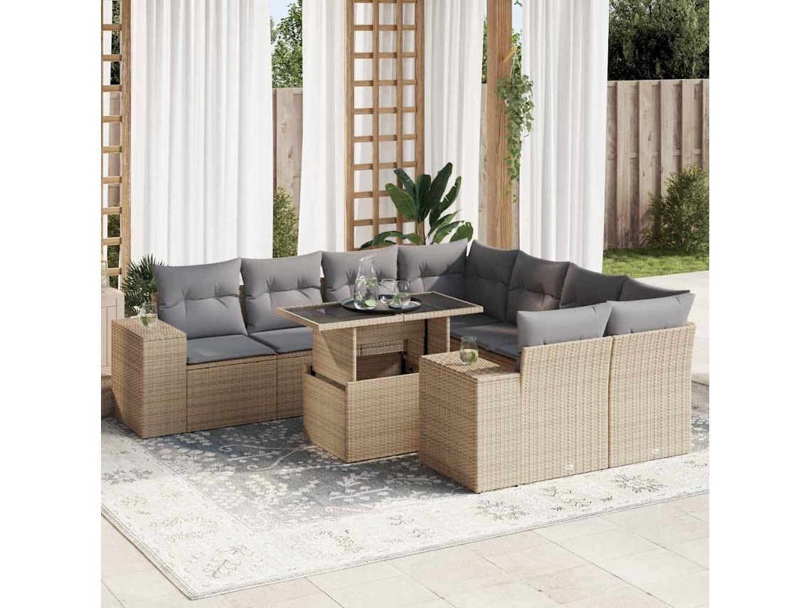 Vidaxl 9 Pcs Conjunto de Sofás P/ Jardim com Almofadões Vime Pe Bege