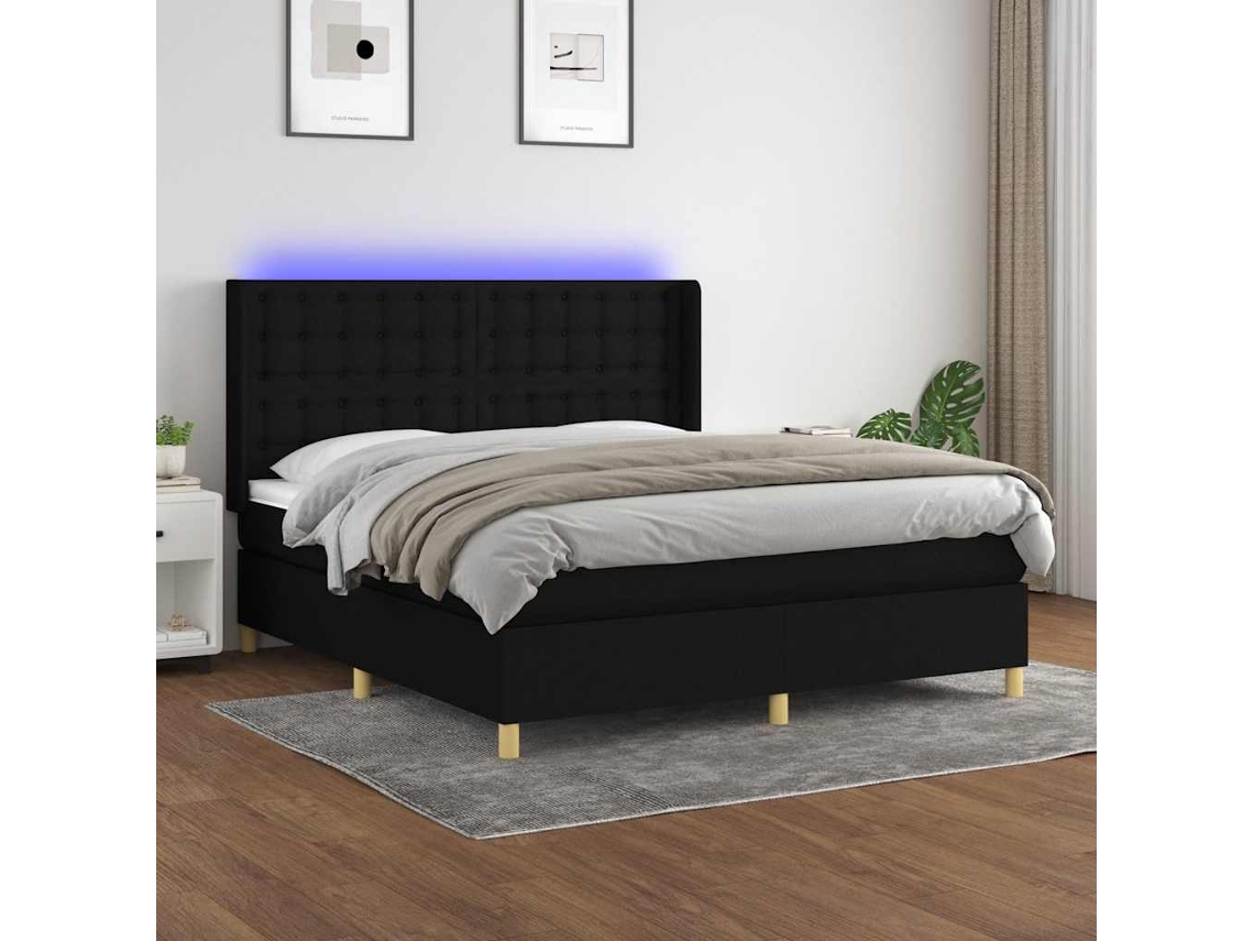 Vidaxl Cama Box Spring C/ Colchão E Led 180x200 Cm Tecido Preto