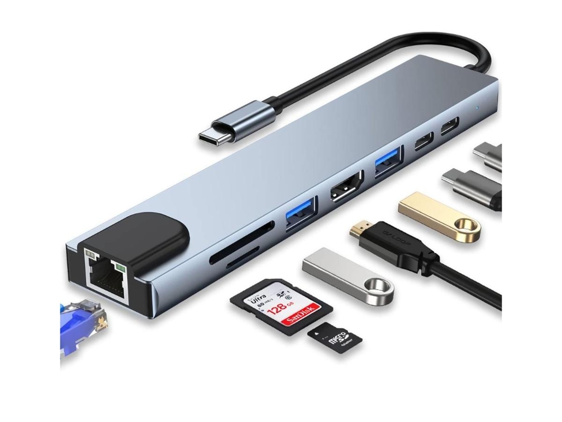 Lurelia Dock Usb-c 8 Em 1 Com 4k, Hdmi, Rj45, Usb 3.0, Usb 2.0, Sd/tf, Pd 100w, Otg Para Macbook Cinza