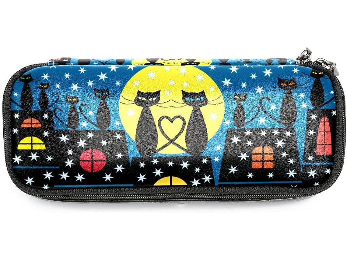 Estojo grande com estampa de gatos sentados no chão e neve caindo, ideal para escola, mesa de trabalho e adultos.