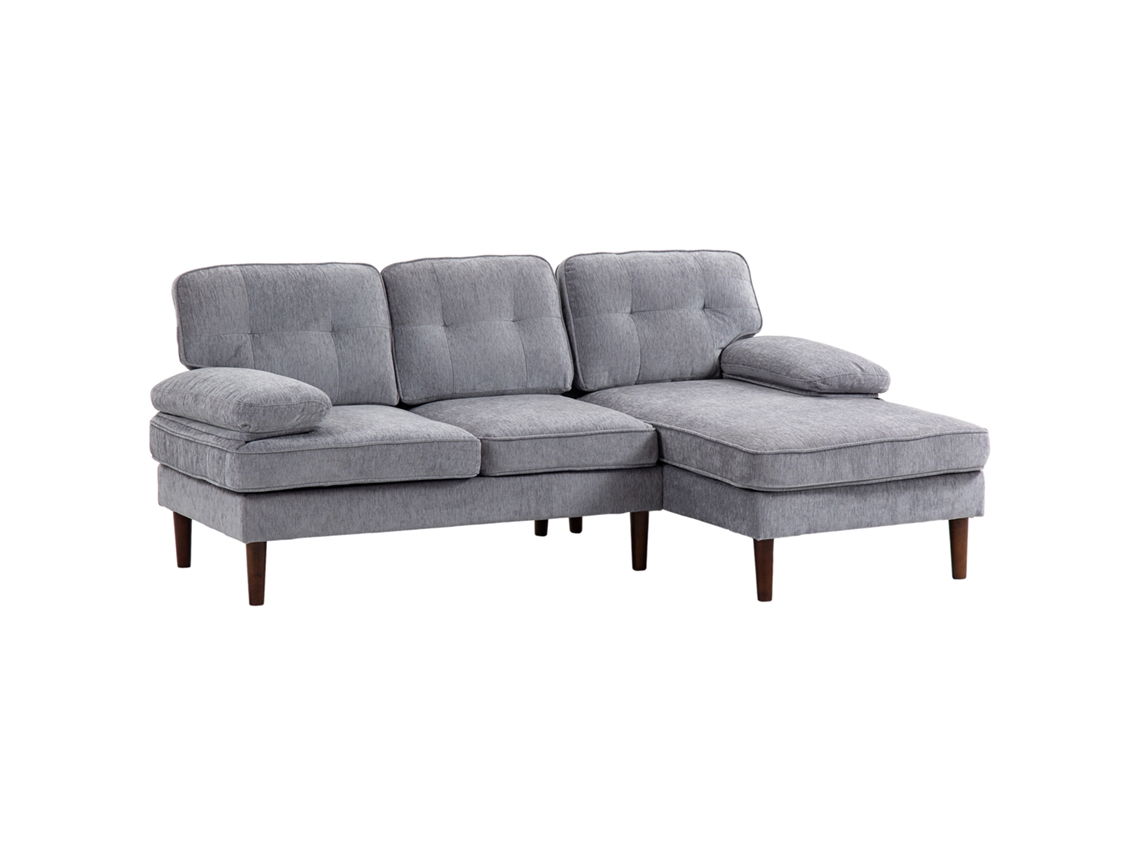 Sofá de canto em L 3 lugares chenille 215x142x88 cm cinza com pernas e braços de madeira | S/MARCA