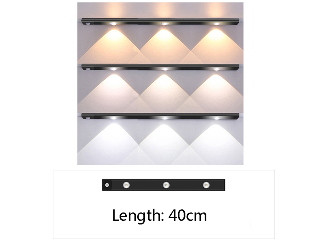 Luz Noturna Led com Sensor de Movimento, Prateada, 40 Cm, 3 Leds Preta, 20 Cm, 2 Leds BRILVIBERA