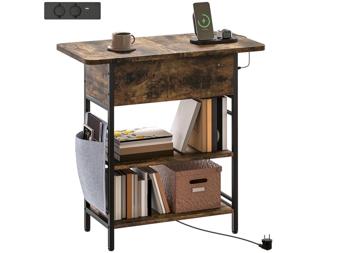 Mesa De Cabeceira Com Régua De Energia, 2 Níveis, Portas Usb, Espaço De Armazenamento, 60 X 29,8 X 58,5 Cm, Marrom Rústico