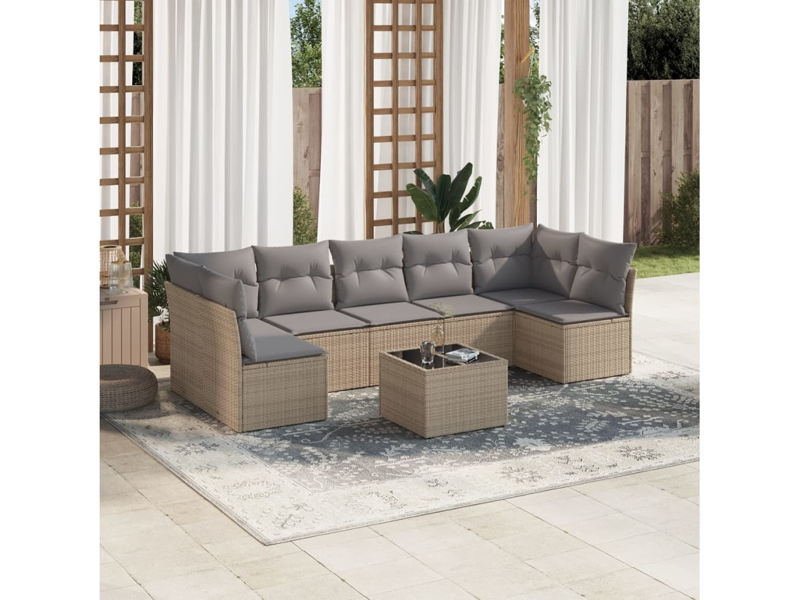 Vidaxl 8 Pcs Conjunto De Sofás P/ Jardim Com Almofadões Vime Pe Bege