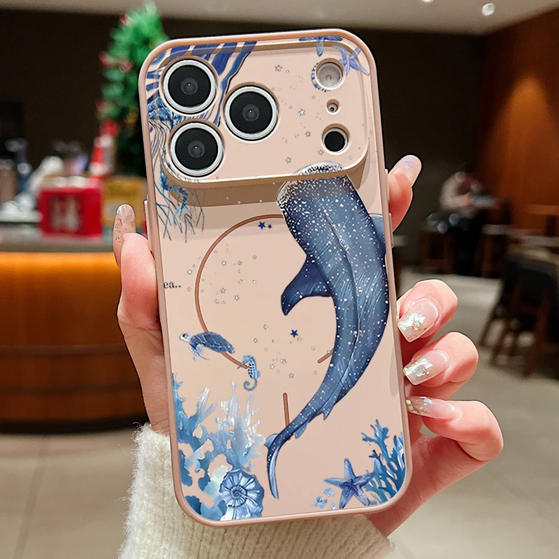 Capa Magnética Dourada Para Iphone 15 Pro Com Estampa De Baleia, À Prova De Choque E Com Proteção Para A Lente.