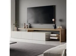 Móvel para TV com luzes LED, aparador baixo para TV, móvel para sala de estar, 2 divisórias de vidro, 3 gavetas, branco brilhante, rosahqnda