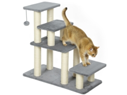 Escada para Animais Ajustável de 3 Ou 4 Degraus com Postes Arranhadores e Bola Suspensa 70x32x68 Cm Cinzento Ge