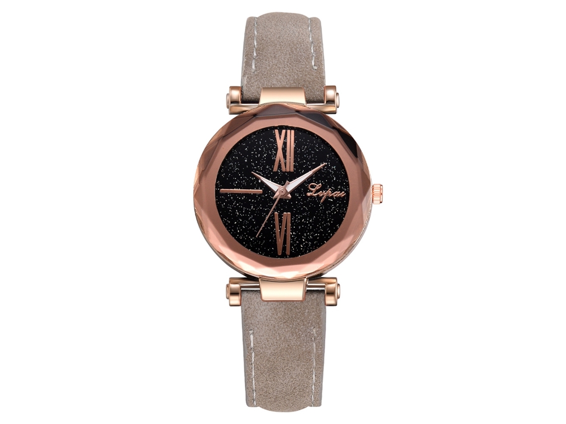 Relógio Analógico Feminino com Números Romanos Grandes Pulseira de Couro Pu Quartzo Cinza
