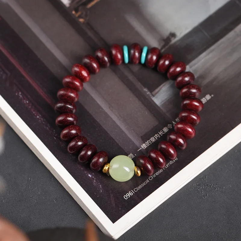 Pulseira Amuleto Com Contas De Ábaco, Feita À Mão Em Pau-rosa Natural (pau-rosa Sanguíneo).