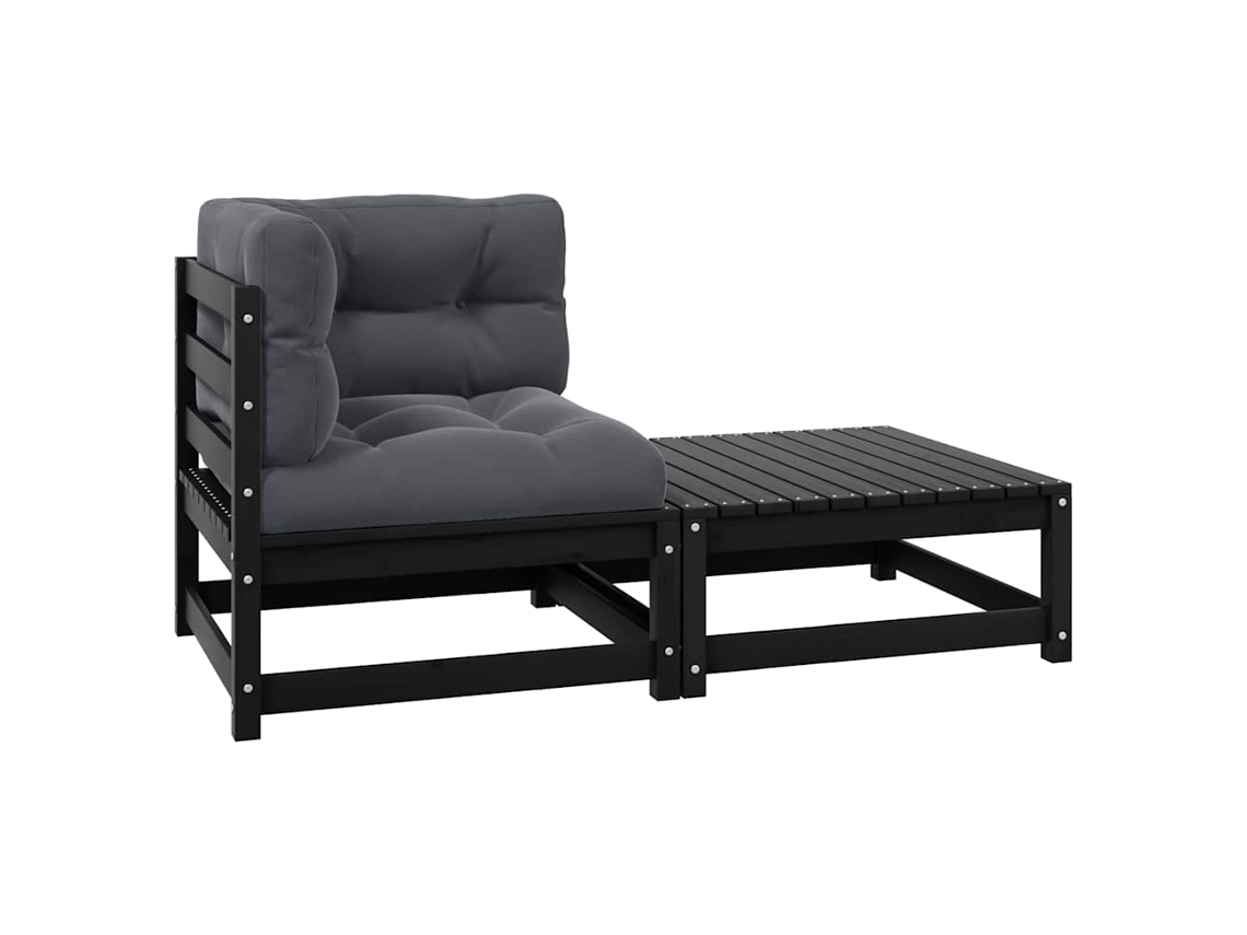 Vidaxl 2 Pcs Conjunto Lounge Jardim C/ Almofadões Pinho Maciço Preto