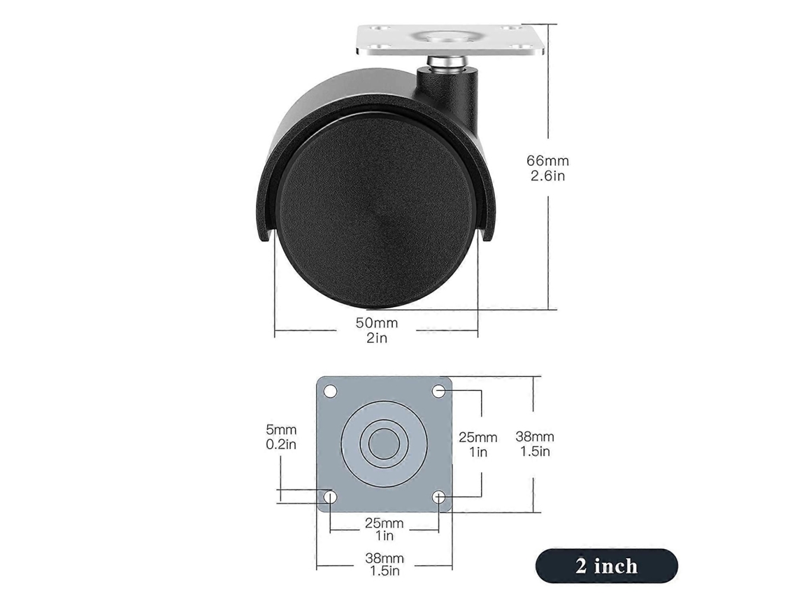 Kit Com 4 Rodízios De 2 Polegadas Para Móveis, Em Nylon Com Placa Giratória, Uso Em Mesas E Estantes