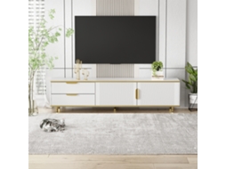 Móvel de TV moderno com 2 portas e 2 gavetas, pés de metal branco.