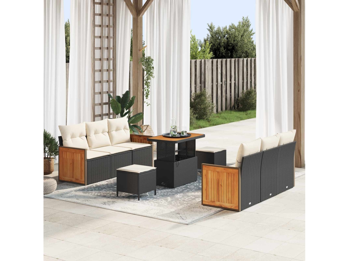 Vidaxl Conjunto De Sofá De Jardim Com Almofada 9 Pcs Preto E Creme