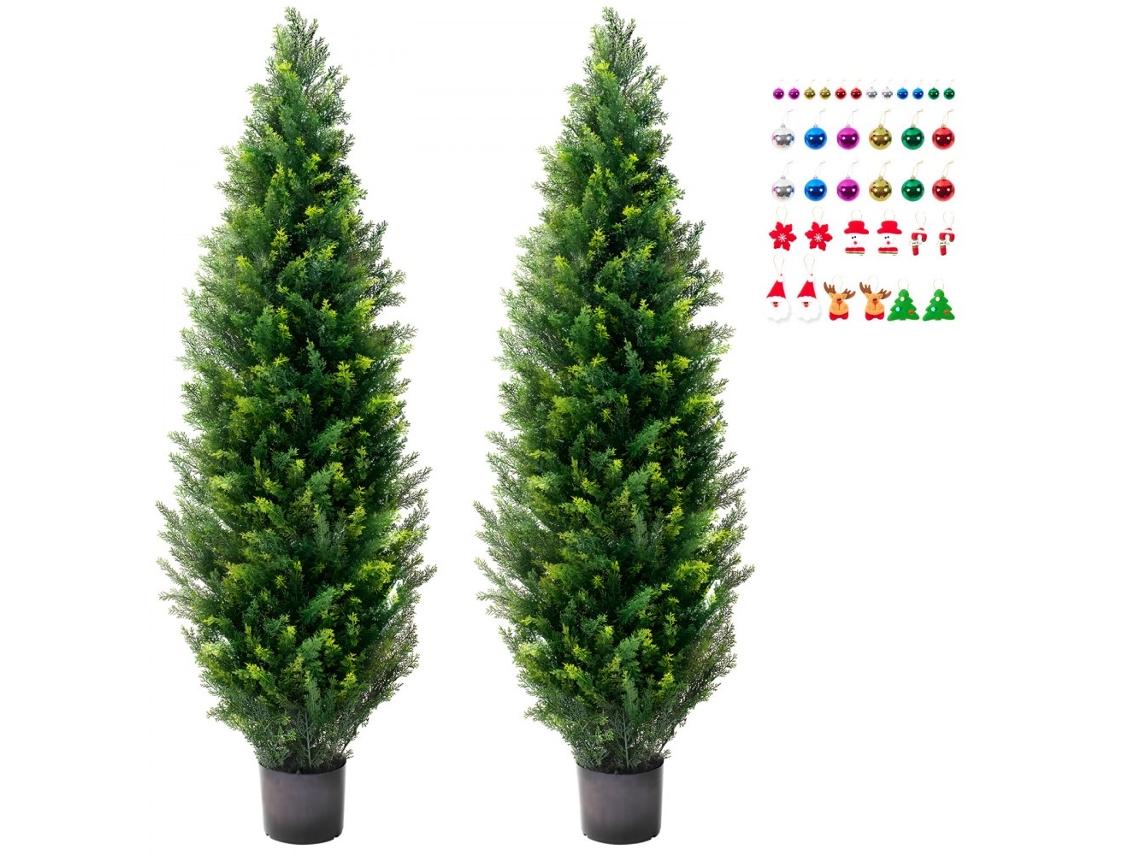 Conjunto De Árvores Topiárias De Cedro Artificial 152cm Com Vaso E Proteção Uv Tekmaquinas