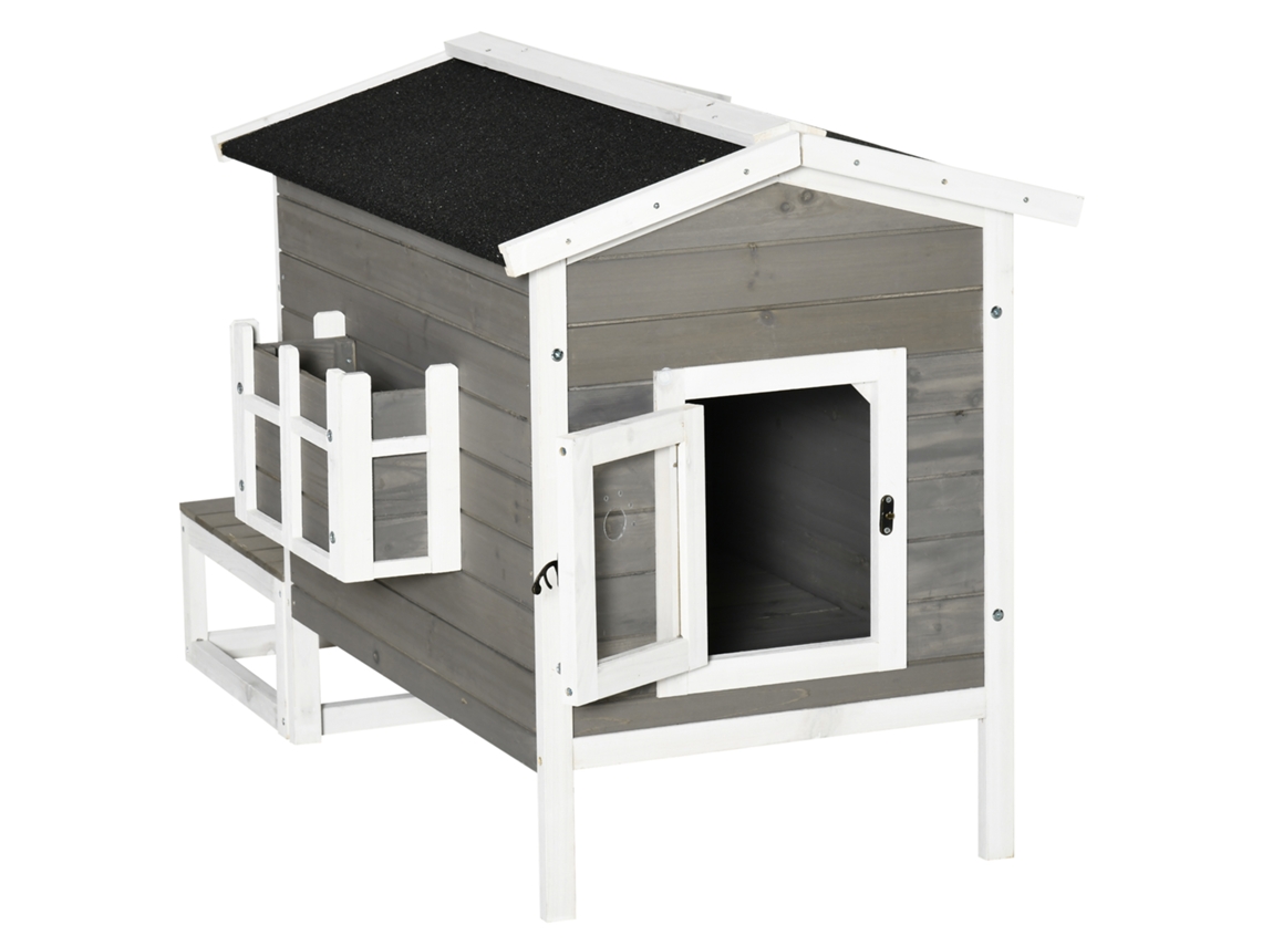 Casa de Gato de madeira impermeável, 115x66,5x74,7cm, telhado de asfalto, Cinza+branco, externo | S/MARCA