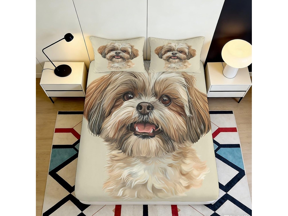 Conjunto de Cama com Estampa 3d Shih Tzu em Microfibra Fronha 200x25cm