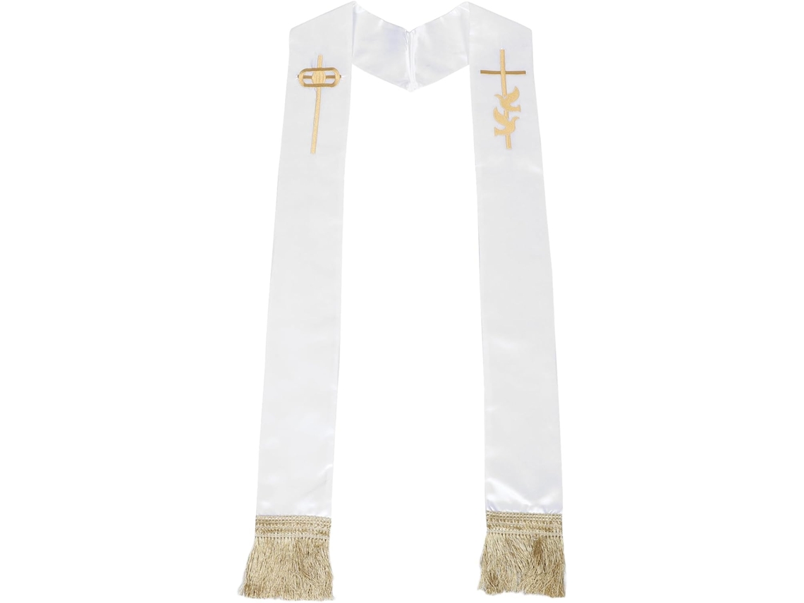 Estola Pastoral Tradicional Branca Com Bordado De Cruz E Pássaro, Reversível Em Cetim.