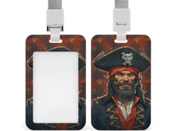 Porta-cartões Crachá com estampa de capitão pirata, com cordão e proteção impermeável, ideal para mesa e escola.