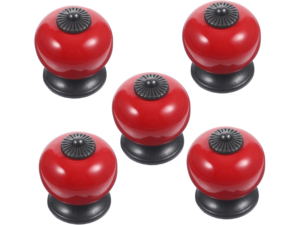 Conjunto De 5 Puxadores Redondos Cerâmica Vermelha Da Housoutil Com Parafusos Metal Para Armários E Gavetas Cozinha