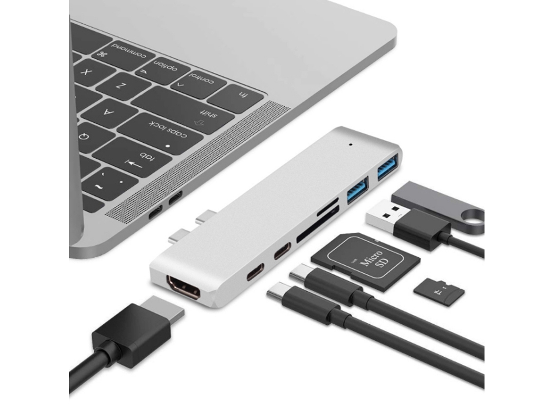 Conversor 7 em 1 Usb 3.1 para 20v Pd + Leitor de Cartões + Hub + Hdmi 4k , 100w, 40gbps, Compatível com Notebook Usb c AQUAFORGE (prateado)