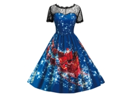 Vestido Midi Laxiscreed Feminino Natal Estampado Azul Com Gola De Renda Tamanho 2xl