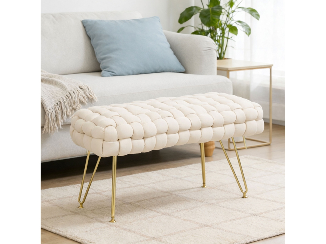 Apoio Para Os Pés Sala De Estar Para Os Em Veludo Com De Metal E Assento Acolchoado Para Dormitório Entrada 76x38x41,5 Cm Creme
