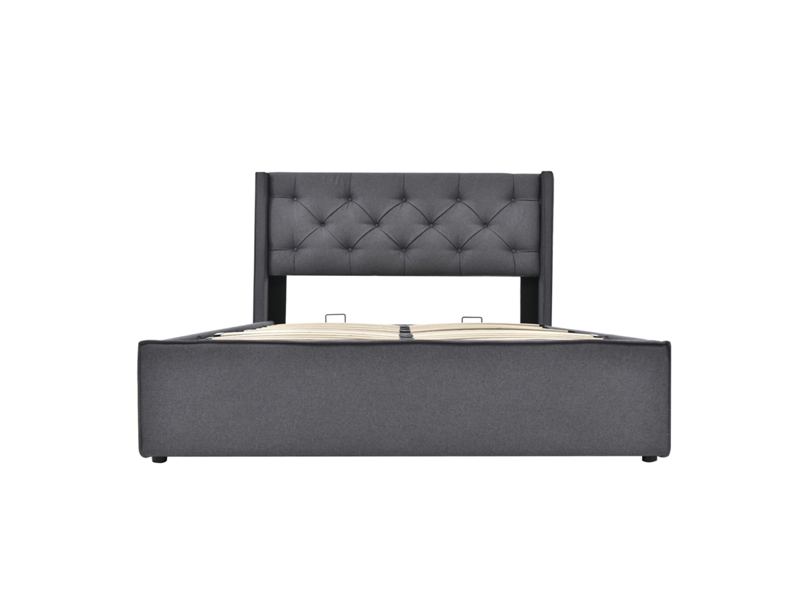 Cama de Casal Hidráulica Estofada 160x200 Cm com Estrado Metálico e Espaço de Armazenamento Cinza Algodão PAPRIKA
