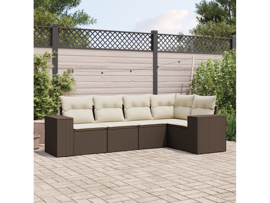 Vidaxl 5 Pcs Conjunto Sofás P/ Jardim C/ Almofadões Vime Pe Castanho
